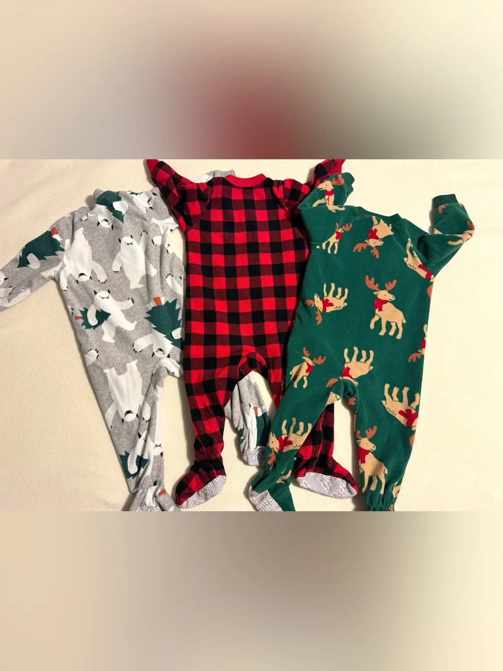 Carter’s 12M Fleece Footed PJs Winter Set of 3 Buffalo Plaid Moose Bear Winter